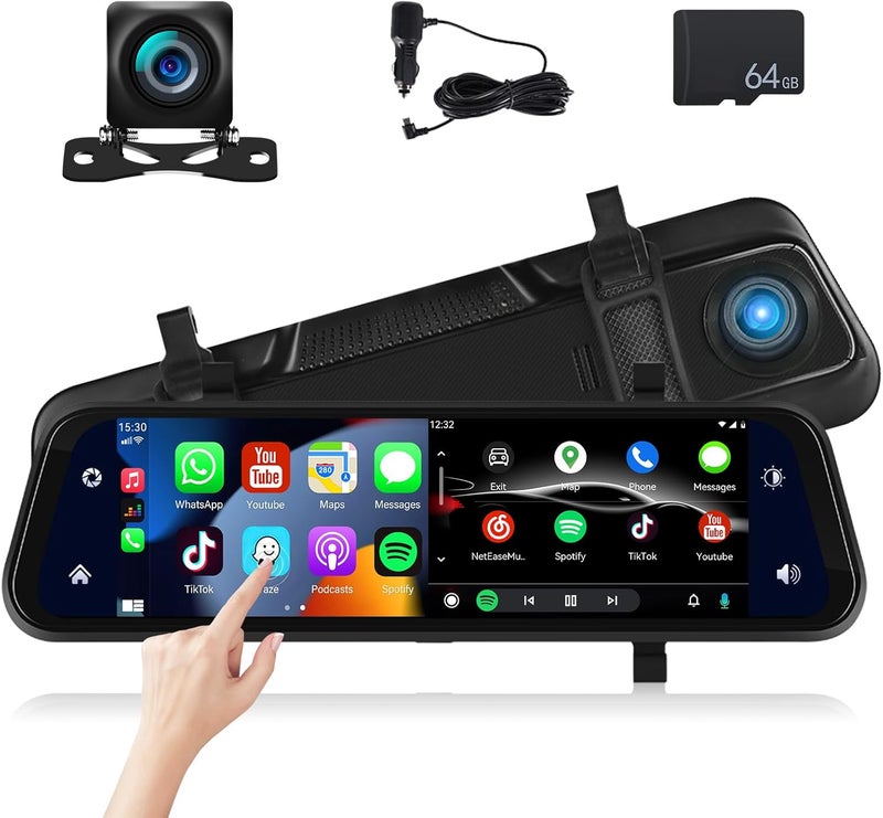 SIXTOP Mirror Dash Cam Front and Rear Camera with Apple Carplay/Android Auto 9.66 inch Mirror Backup Camera for Cars&Trucks Driving Recorder Voice Control 24-Hour Parking Monitoring Waterproof Night Vision - Image 1